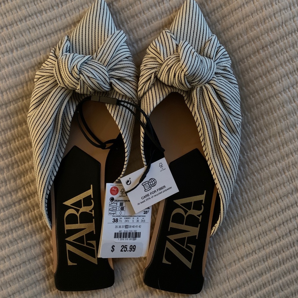 NWT Zara Black/White Striped Pointed Mules/Flats
